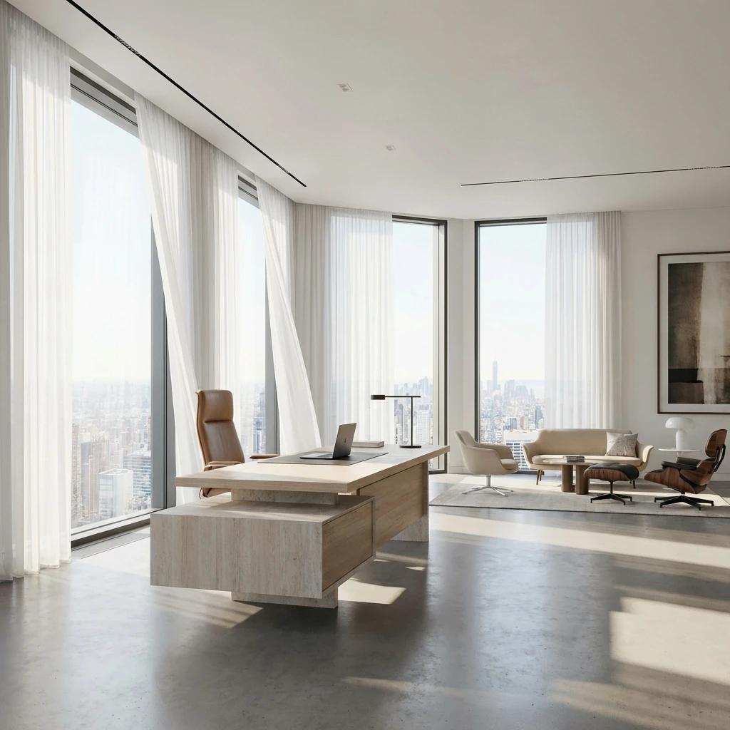 Voilages et rideaux sur mesure pour contrôle solaire dans un bureau d'entreprise