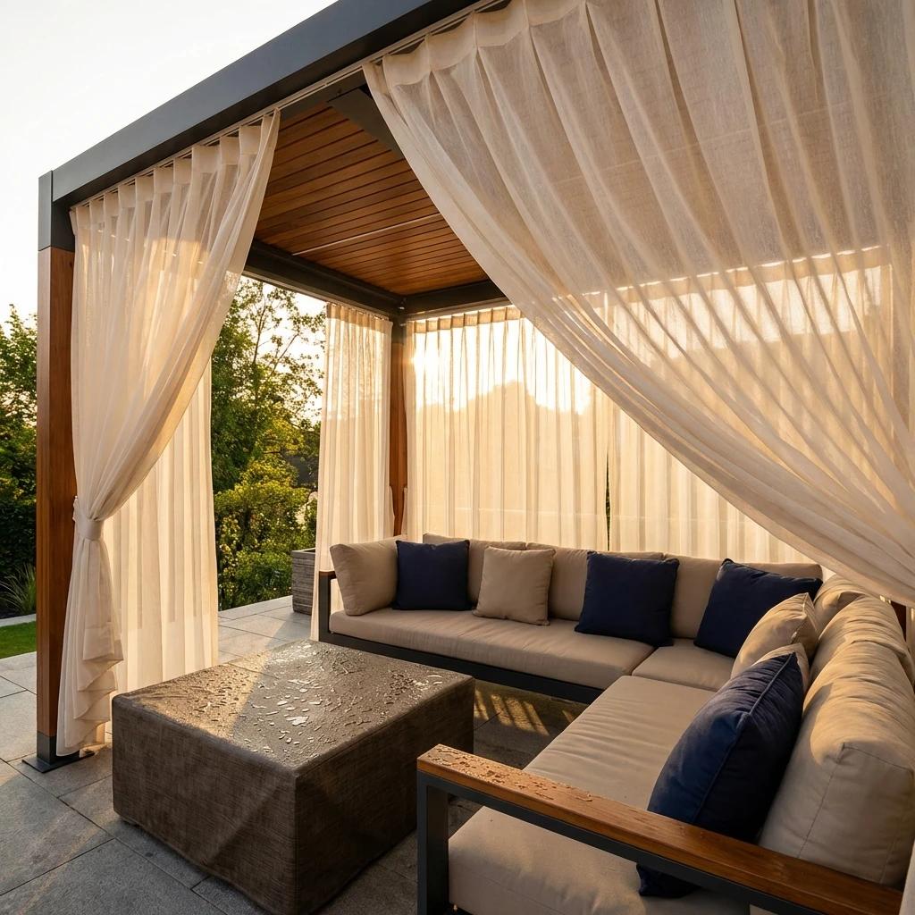 Rideaux hydrofuges sur mesure pour pavillon de jardin moderne
