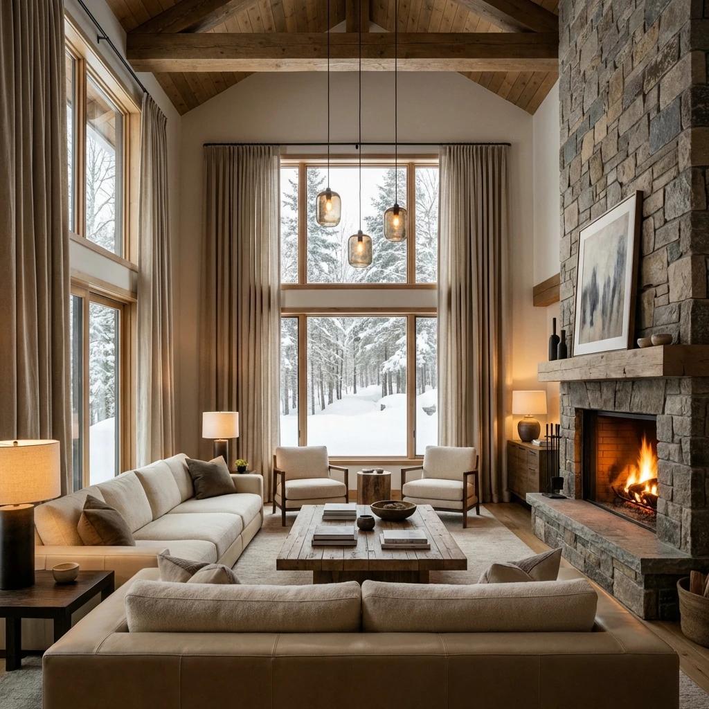 Rideaux sur mesure pour grand chalet à Mont-Tremblant