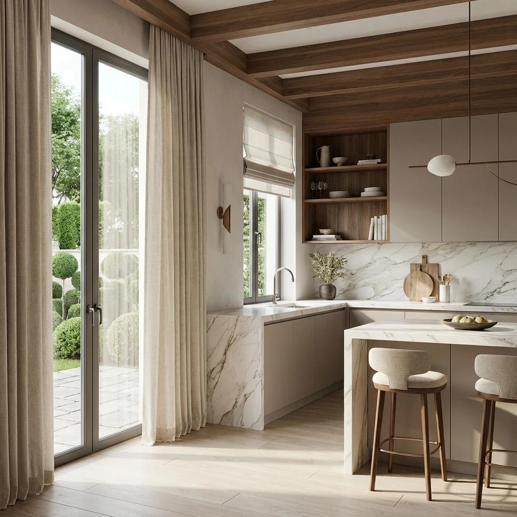 Rideaux en lin plancher plafond pour cuisine lumineuse avec vue sur patio