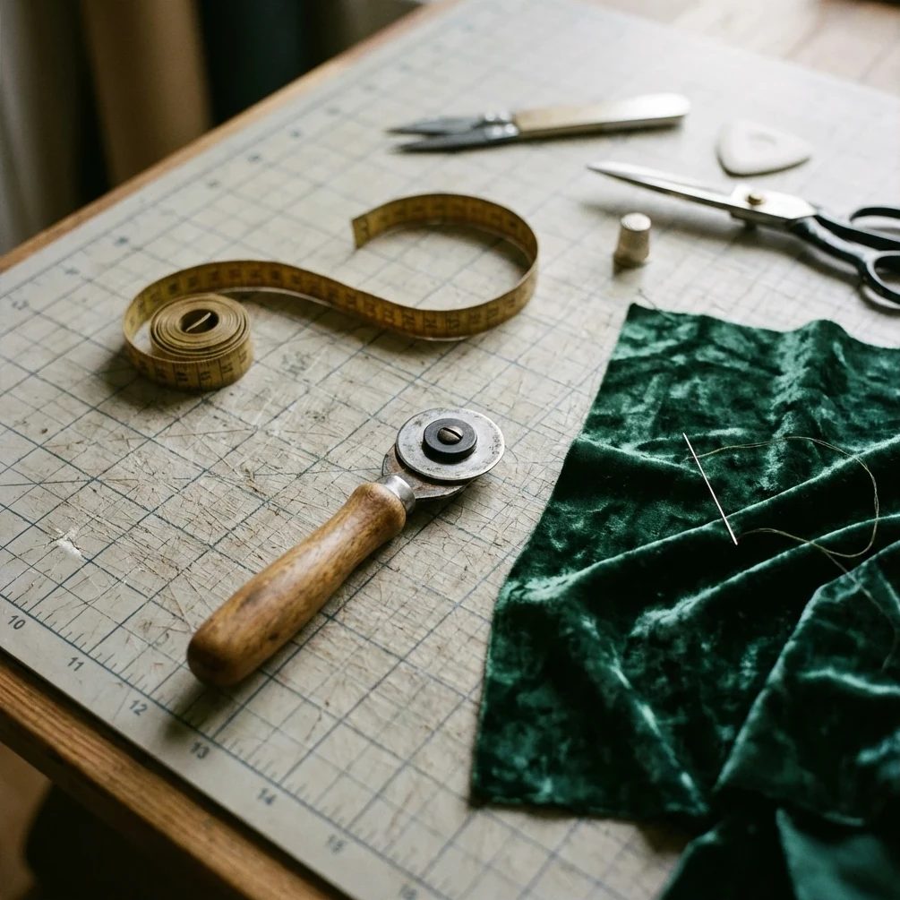 Table de coupe de l'atelier, confection artisanale de rideaux sur mesure