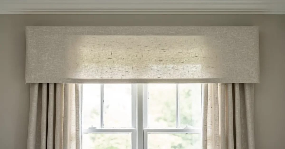 Cantonnière plate contemporaine en lin écru montée sur planche au-dessus d'une fenêtre de salon dans une maison de Sherbrooke, ligne du bas parfaitement droite, rideaux assortis de chaque côté, lumière naturelle de fin d'avant-midi