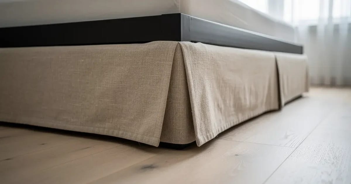 Cache-sommier sur mesure en lin ton avoine ajusté à un lit plateforme moderne dans une chambre de l'Estrie, coins fendus tombant droit jusqu'au plancher, lumière du matin par une fenêtre habillée de voilage