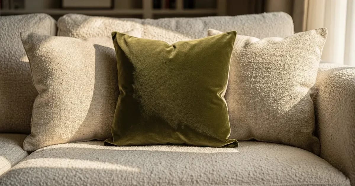 Trois housses de coussin sur mesure en lin écru et en velours olive contrastant, posées sur un divan pâle dans un salon de l'Estrie, coins bien remplis et carrés plutôt que mous, fermetures invisibles sur le bord inférieur, lumière d'après-midi