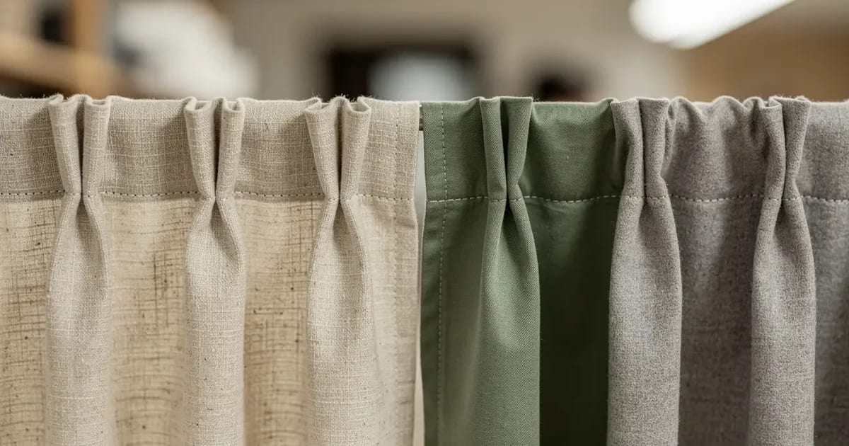 Six panneaux de rideaux sur mesure suspendus côte à côte dans un atelier de couture à Sherbrooke, chacun montrant un type de pli différent : pli flamand en velours bleu marine, pli plat en lin beige, pli wave en coton gris, pli gobelet en soie dorée, pli pincé en coton blanc, oeillets en lin anthracite, éclairage d'atelier naturel