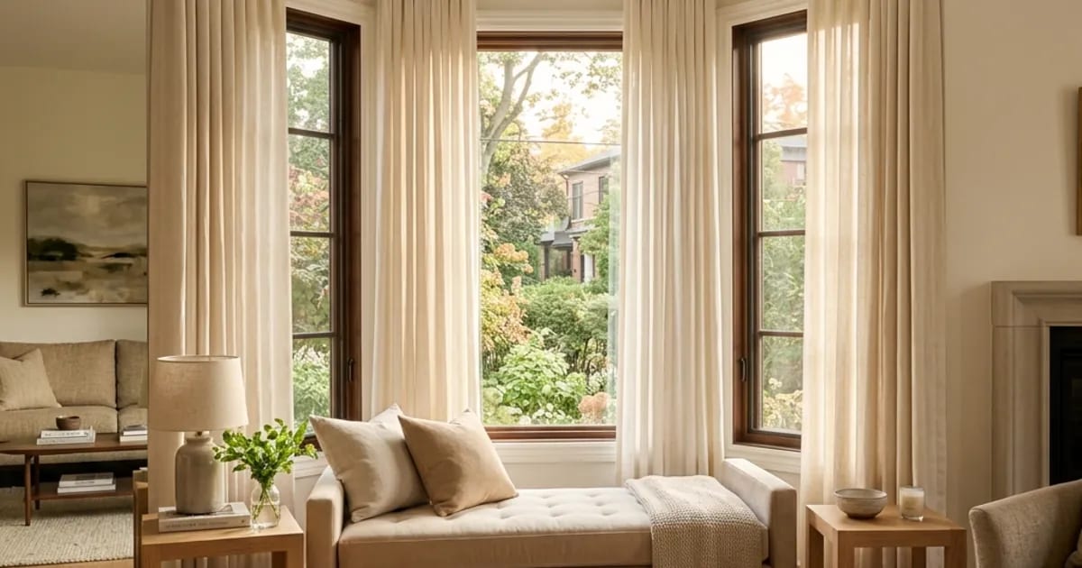 Salon élégant d'une maison résidentielle québécoise avec une grande baie window à trois facettes habillée de rideaux en lin naturel crème à plis wave continus sur une tringle cintrée sur mesure, banquette en velours beige devant les trois fenêtres, plancher de chêne clair, tables d'appoint en bois, lumière naturelle abondante de fin d'après-midi