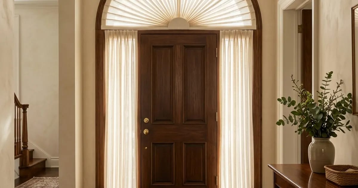 Intérieur résidentiel lumineux avec une fenêtre demi-lune au-dessus d'une porte d'entrée, habillée d'un pli rayonnant artisanal en lin écru qui s'ouvre comme un éventail depuis le centre supérieur, finition tailleur à la base, mur en plâtre crème, plancher en bois foncé, lumière du matin qui traverse le tissu fin