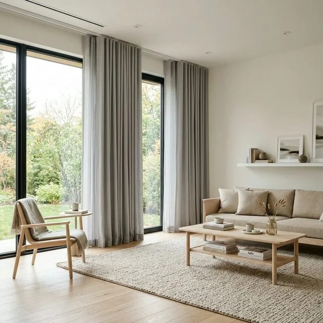 Salon moderne et épuré à Sherbrooke avec grandes fenêtres habillées de rideaux en lin gris tourterelle montés au plafond sur rail dissimulé, lignes pures tombant au plancher, voilage léger en dessous, mobilier scandinave en bois pâle, murs blancs, tapis texturé beige