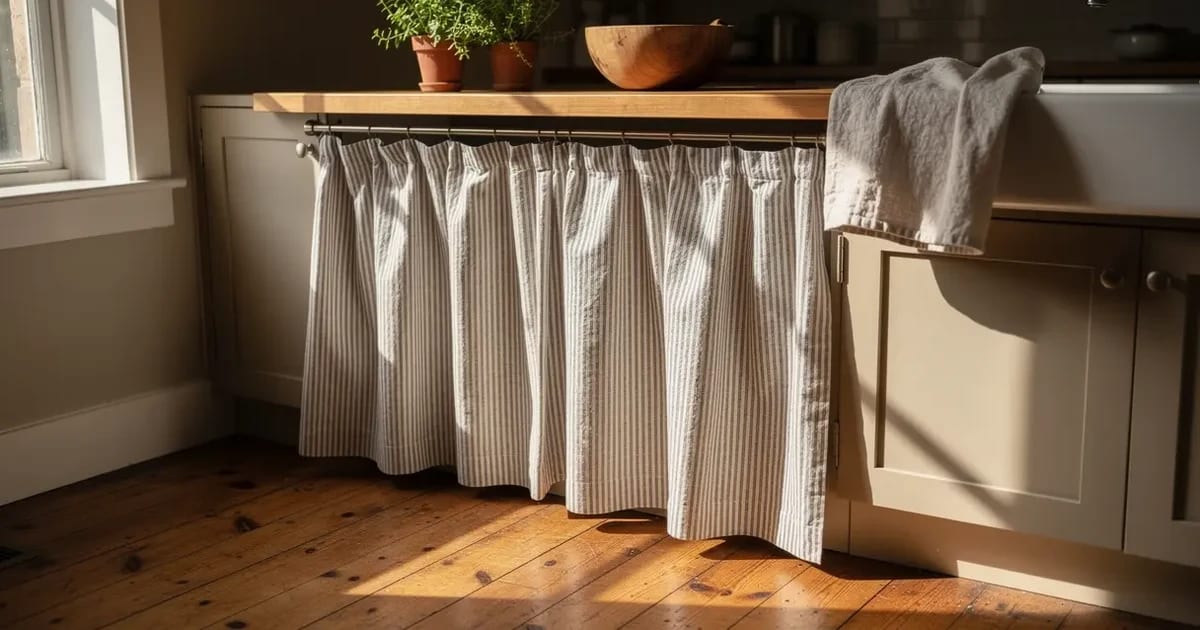 Jupe d'évier en coton rayé gris et écru suspendue à une tringle sous le rebord d'un comptoir de bois dans une cuisine ancienne de Sherbrooke, ampleur modérée tombant en plis souples, ourlet dégageant le plancher de pin de quelques millimètres, pots d'herbes et bol de bois sur le comptoir, lumière rasante du matin