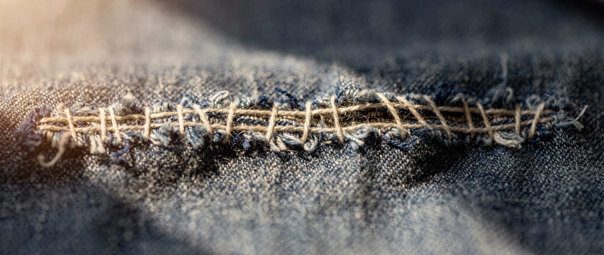 Rangs de points de reprise crème sur un coton indigo délavé et usé, aux fibres effilochées.