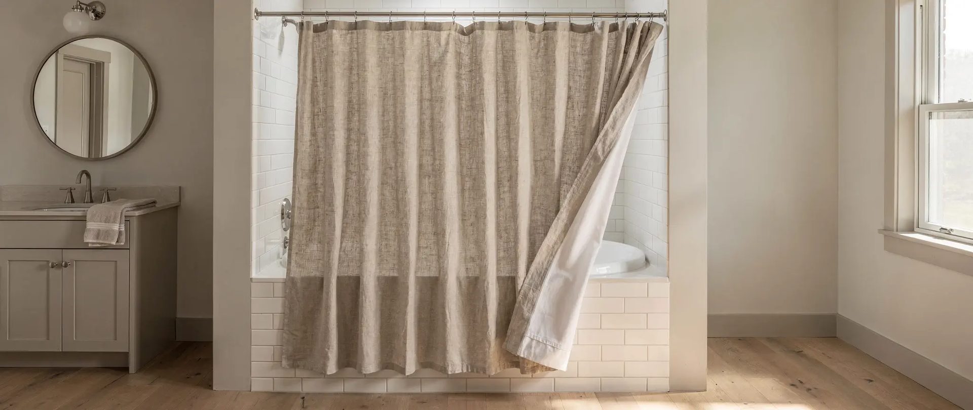 Rideau de douche en tissu de lin naturel sur mesure devant une baignoire encastrée en céramique blanche, avec la doublure en coton blanc visible au bord ouvert
