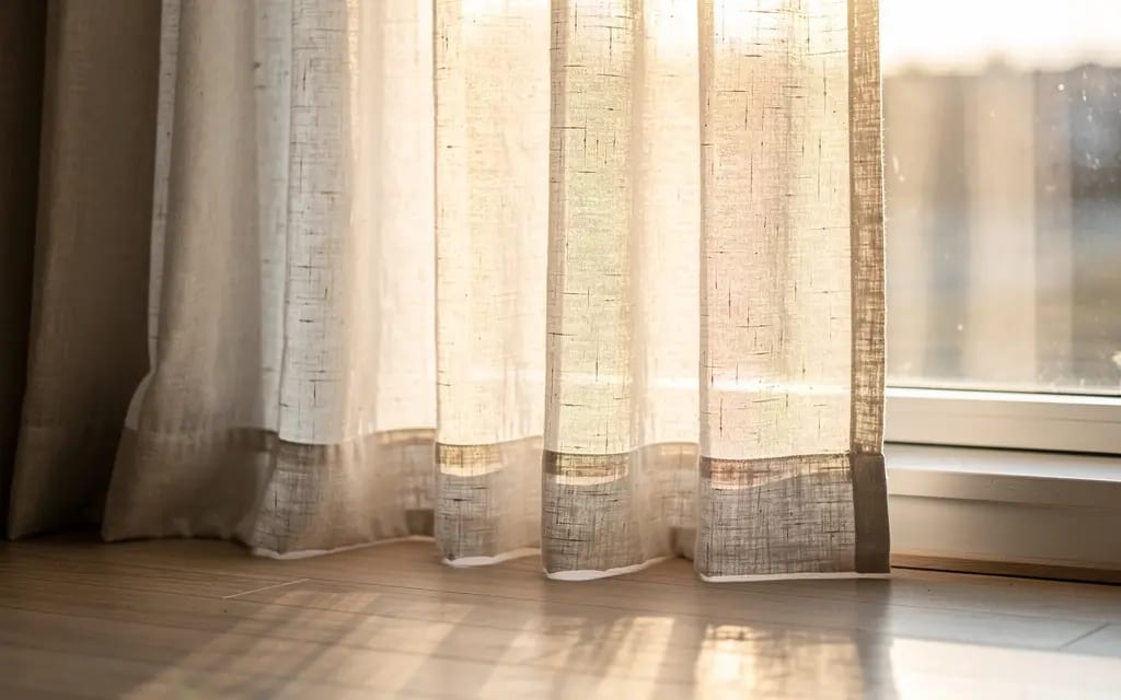 Rideaux en lin lavé écru tombant du plafond au plancher devant une grande fenêtre d'une maison de l'Estrie, texture du tissu visible en contre-jour, plis souples, plancher de bois, lumière naturelle du matin