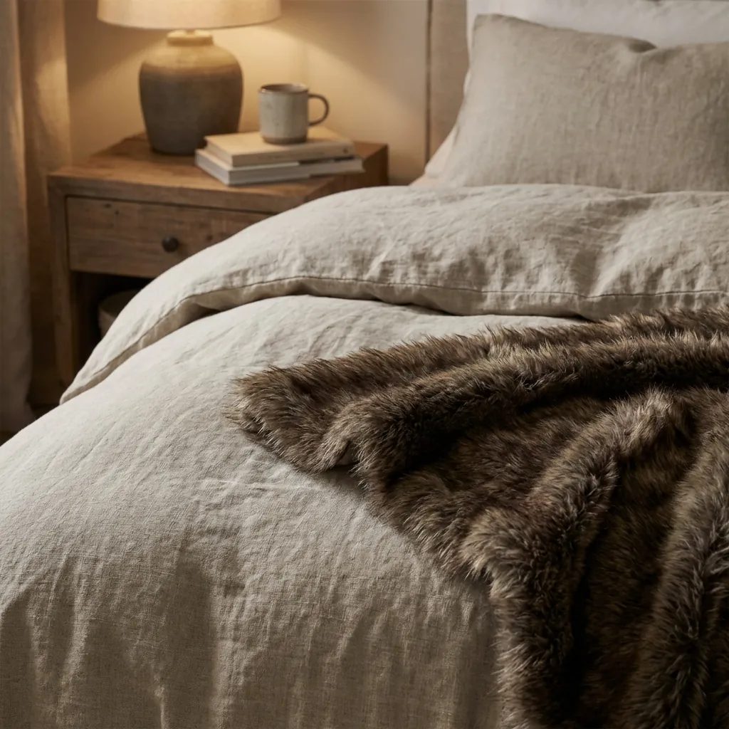 Haute couture detailing on cozy oatmeal linen custom bedding for winter chalet