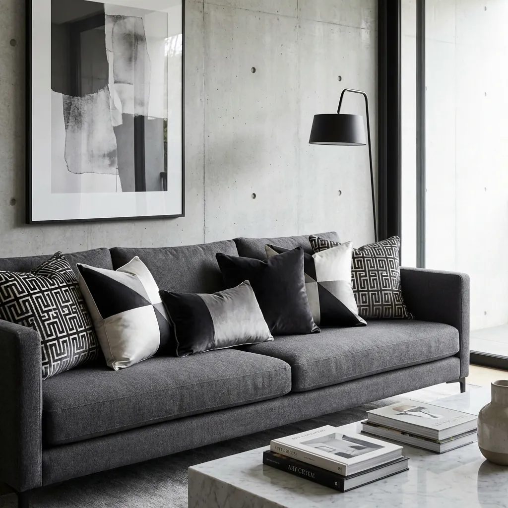 Hand-stitched monochrome silk geometric decorative cushions
