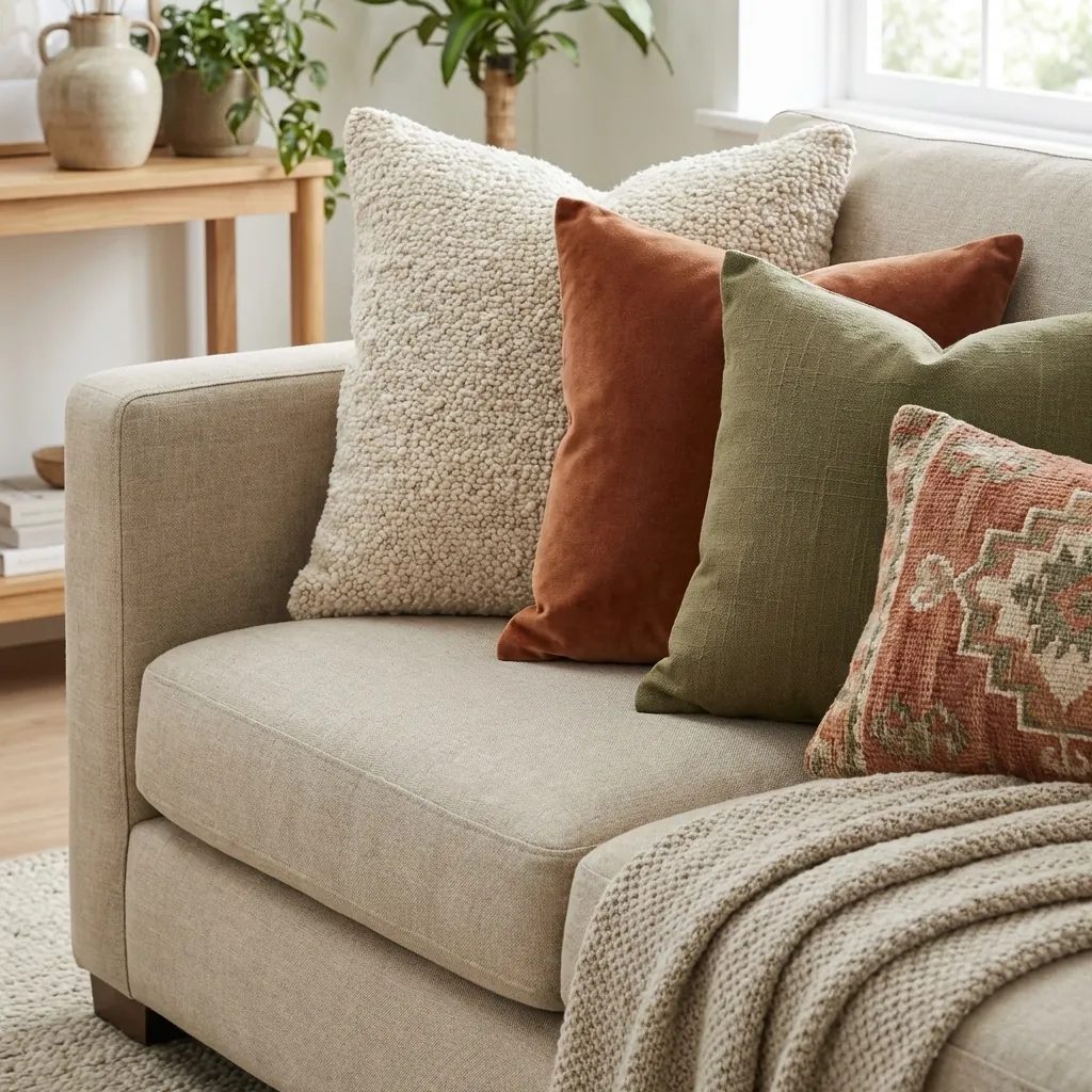 Custom crafted bouclé and velvet throw cushions for luxury living room interior