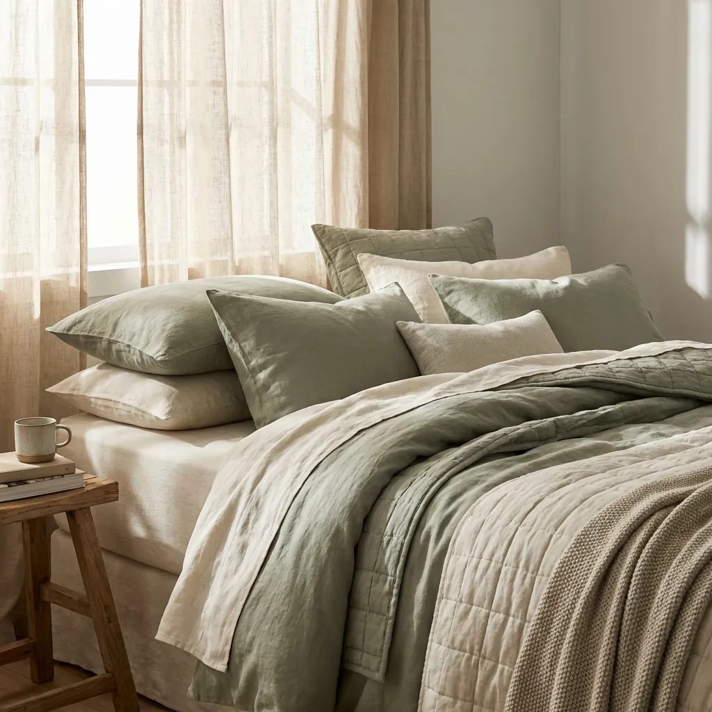 Custom luxury bedding layering in sage green for lived-in comfort and style