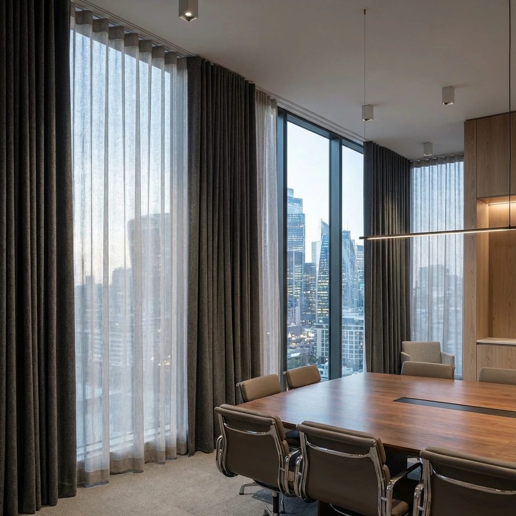 Custom acoustic wool curtains for executive boardroom meeting space