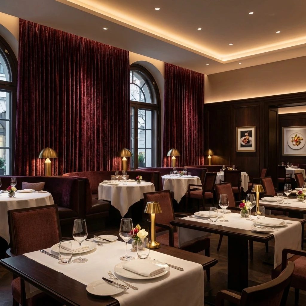 Sound absorbing velvet window treatments for Michelin star fine dining restaurant