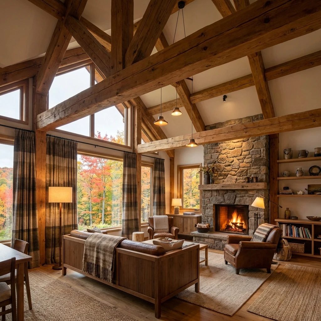 Confection de rideaux sur mesure en laine pour chalet rustique en Estrie, Québec