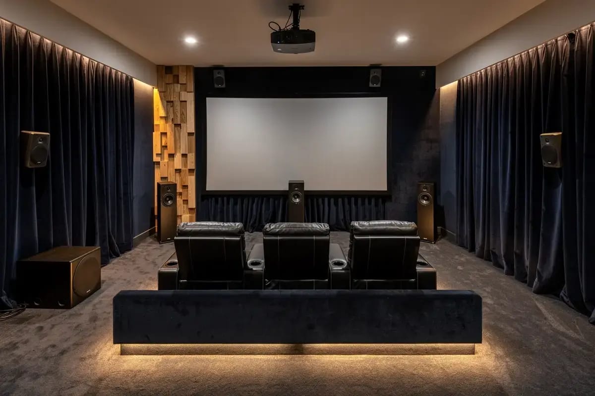Cinéma maison aux murs latéraux habillés de velours bleu marine du plafond au plancher et panneau de bois à lattes près de l'écran éteint; devant, trois fauteuils inclinables sur une estrade et un caisson de graves.