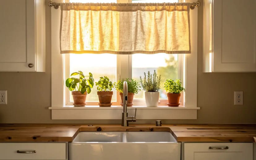 Kitchen window above a sink with a short washed-linen cafe curtain